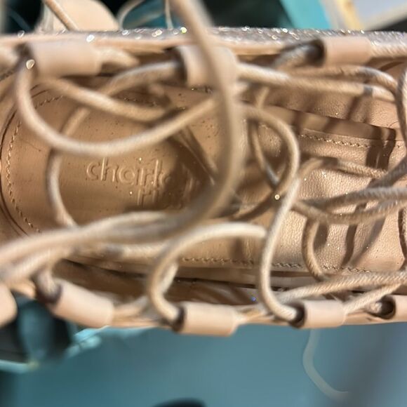 Size 10 Custom Taupe Champagne Charlotte Russe Glitter Ankle Wrap Stilettos - Picture 8 of 8